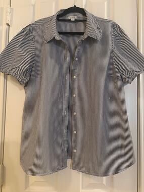 J.Crew XL Blue White Stripe Puff Sleeve Button Down Cotton Stretch Blouse